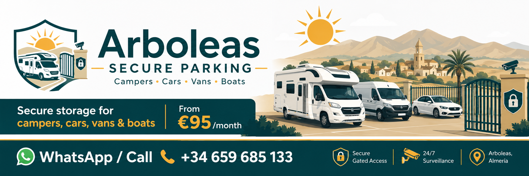 Arboleas Secure Parking branded secure vehicle storage banner