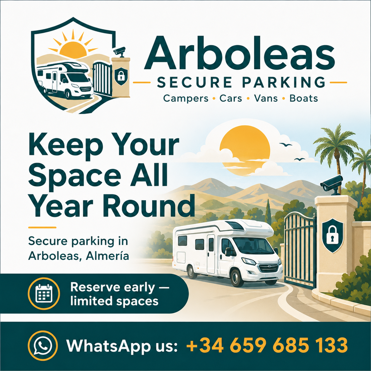 Arboleas Secure Parking Social post — year-round spaces